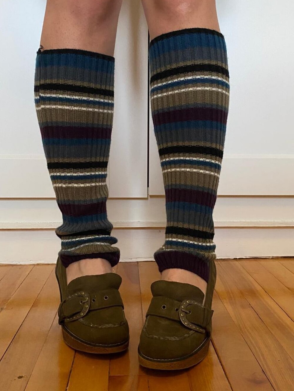 Striped Knee-High Socks - Olive, Purple, Blue & Gray